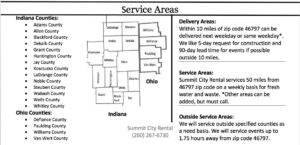 This is Summit City Rentals service area for their event and porta potty rentals. This range is from Fort Wayne, indiana to Angola, to marion. With about an hour outside of Fort Wayne, indiana.