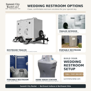 Blog September 15, 2026 Choose your portable restroom options for your wedding from Summit City Rental.