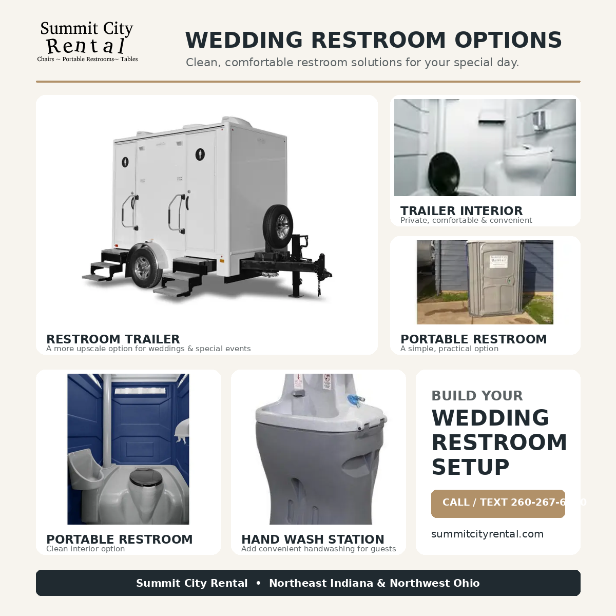 Choose your portable restroom options for your wedding from Summit City Rental.
