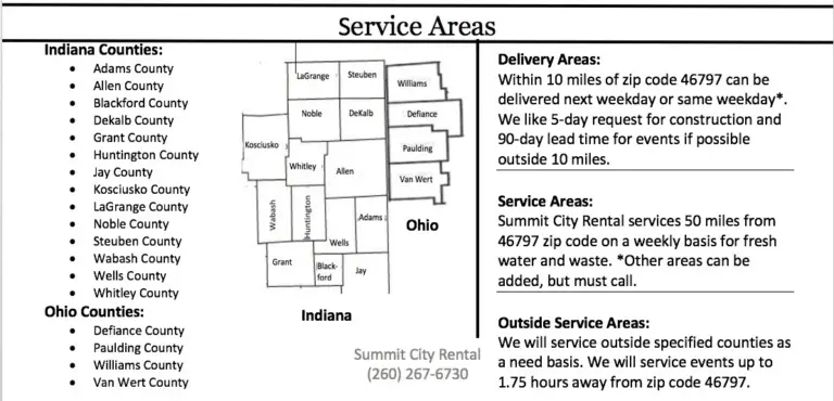 Summit City Rental porta potty rental service area map covering Fort Wayne, Northeast Indiana and Northwest Ohio